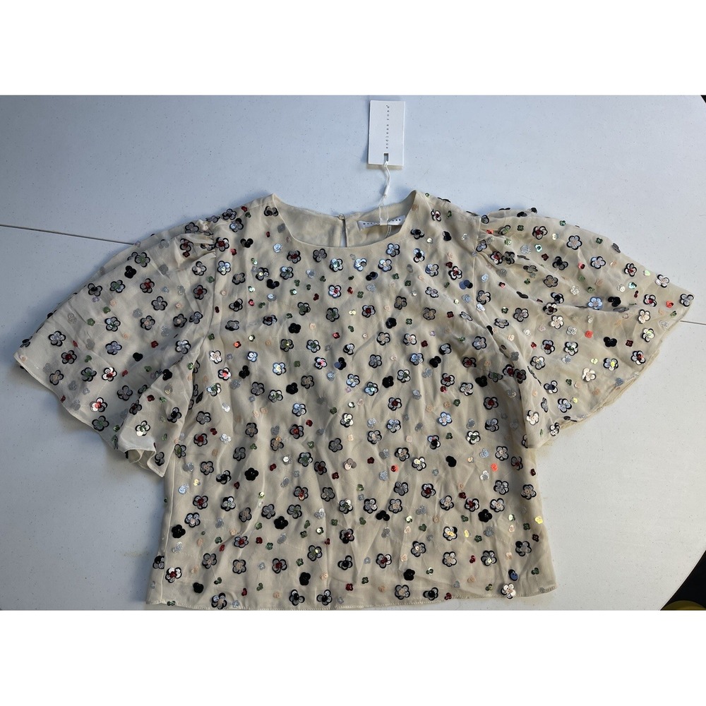 NWT Endless Rose Womens Beige Short Ruffle Sleeve Sequin Cropped Top Size Medium